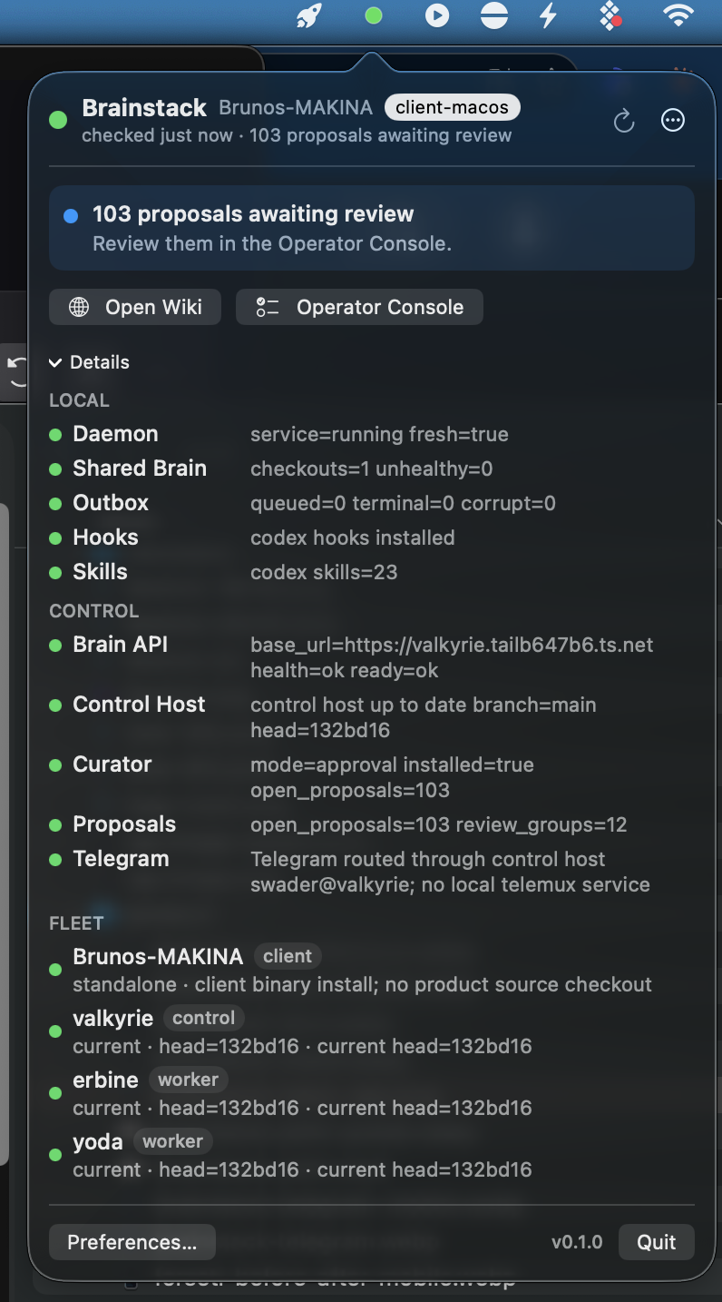 Brainstack macOS menu bar app showing health, proposals, Telegram routing, and fleet status